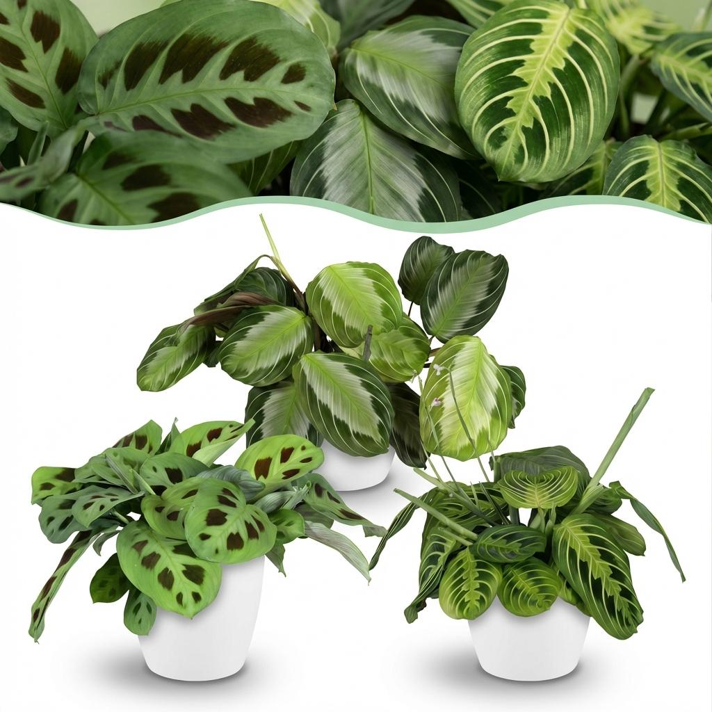Marantha Silverband, Marantha Lemon Lime Marantha Kerchoveana - Gebedsplant - Huisdiervriendelijke Plant - Groen - 3 Planten - met Potter Wit - Pot 12cm - Hoogte 25cm