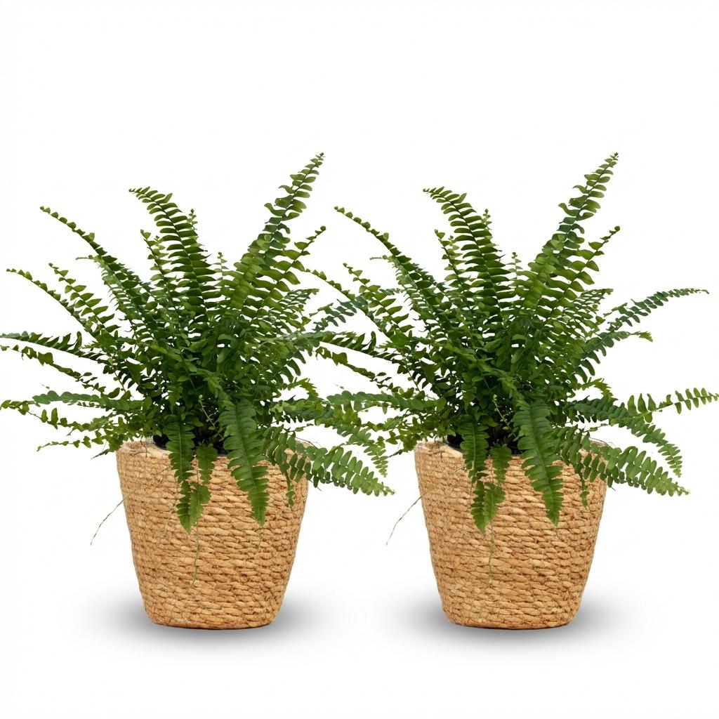 Nephrolepsis exaltata Green Lady - Varen - Huisdiervriendelijke Plant - Groen - 2 Planten - met Mand - Pot 12cm - Hoogte 25cm