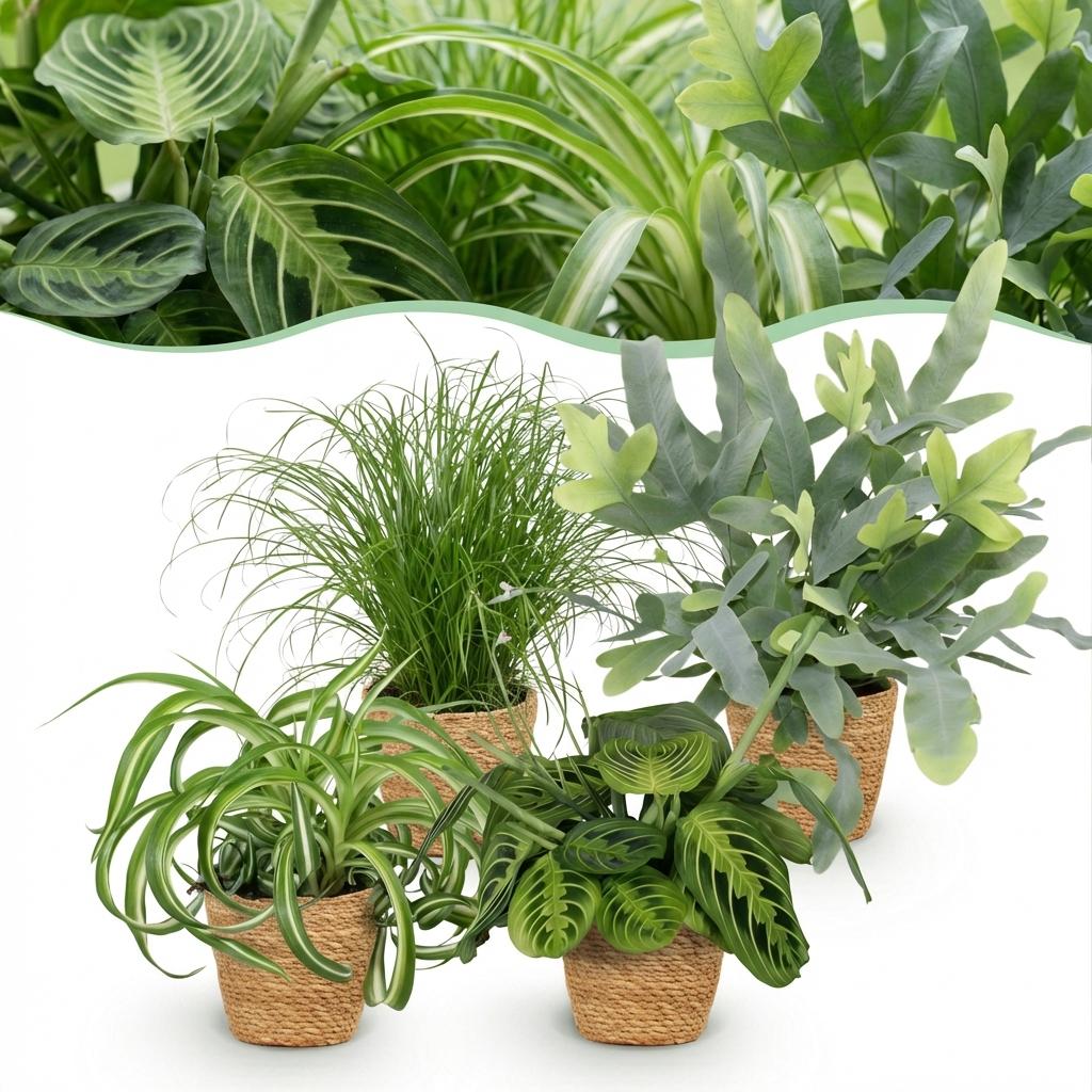 Chlorophytum - Cyperus - Phlebodium - Marantha - Mix van 4 - Huisdiervriendelijke Planten - Groen - 4 Planten - met Mand - Pot 12cm - Hoogte 25cm
