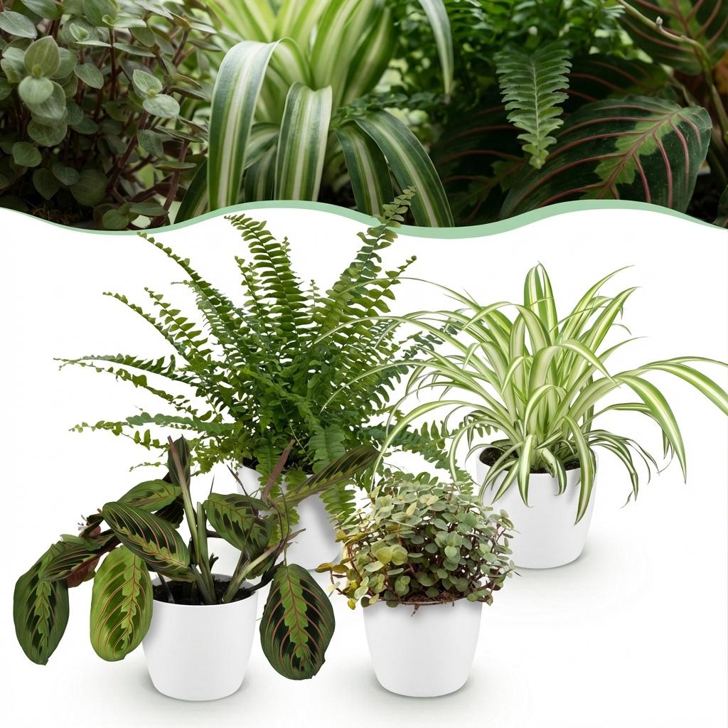 Chlorophytum - Maranta - Calissia - Nephrolepsis - Mix van 4 - Huisdiervriendelijke Planten - Groen - 4 Planten - met Potter Wit - Pot 12cm - Hoogte 25cm