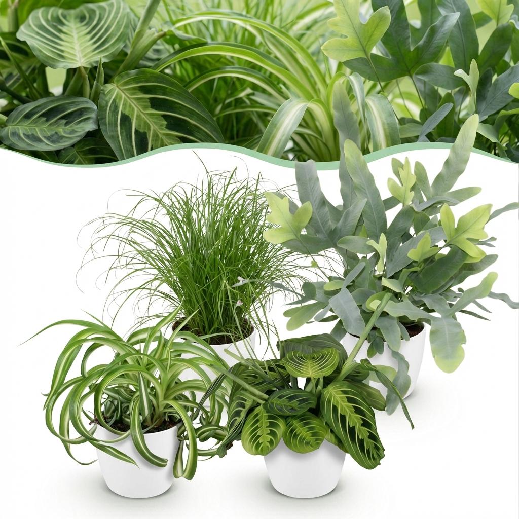 Chlorophytum - Cyperus - Phlebodium - Marantha - Mix van 4 - Huisdiervriendelijke Planten - Groen - 4 Planten - met Potter Wit - Pot 12cm - Hoogte 25cm