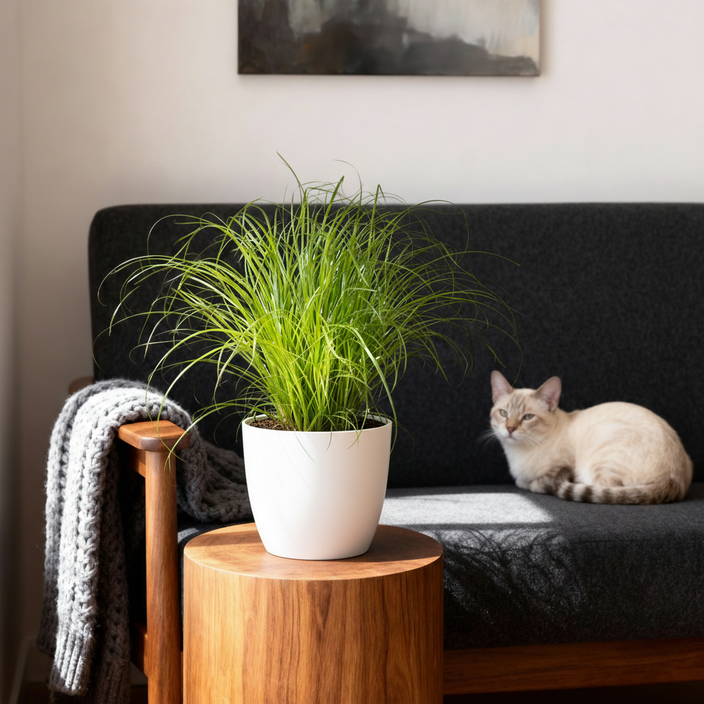 Cyperus alternifolius Zumula - Kattengras - Huisdiervriendelijke Plant - Groen - 4 Planten - met Potter Wit - Pot 12cm - Hoogte 20cm