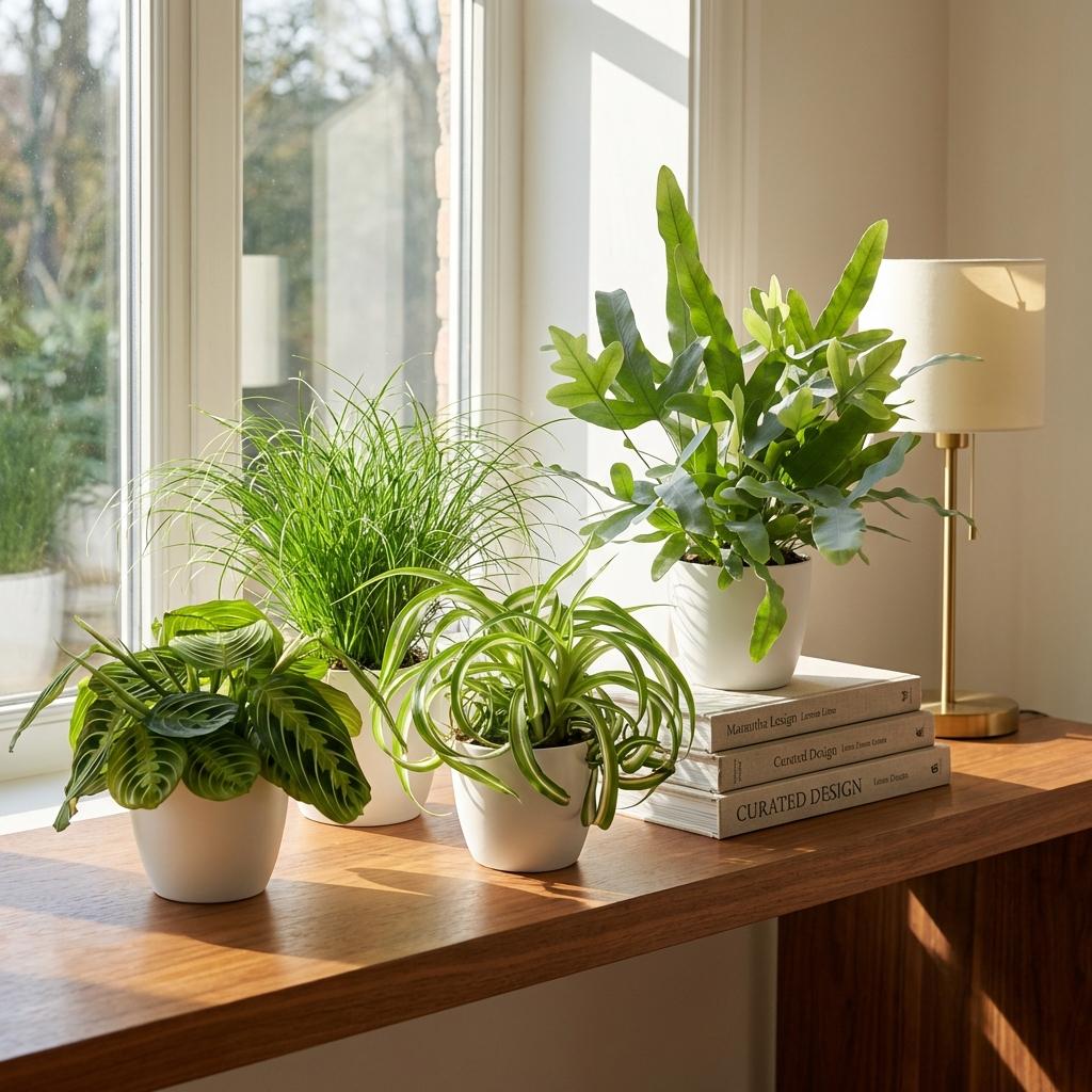 Chlorophytum - Cyperus - Phlebodium - Marantha - Mix van 4 - Huisdiervriendelijke Planten - Groen - 4 Planten - met Potter Wit - Pot 12cm - Hoogte 25cm
