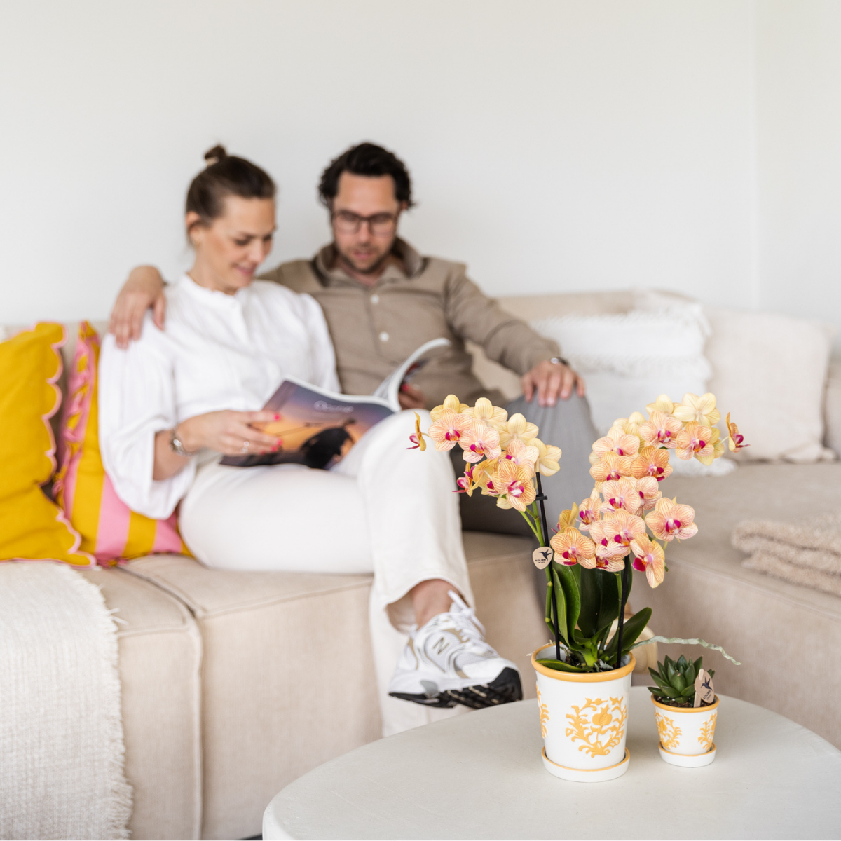 Kolibri Orchids | Gele orchidee Lima + Malaga sierpot licht oranje - potmaat Ø9cm | bloeiende kamerplant - vers van de kweker
