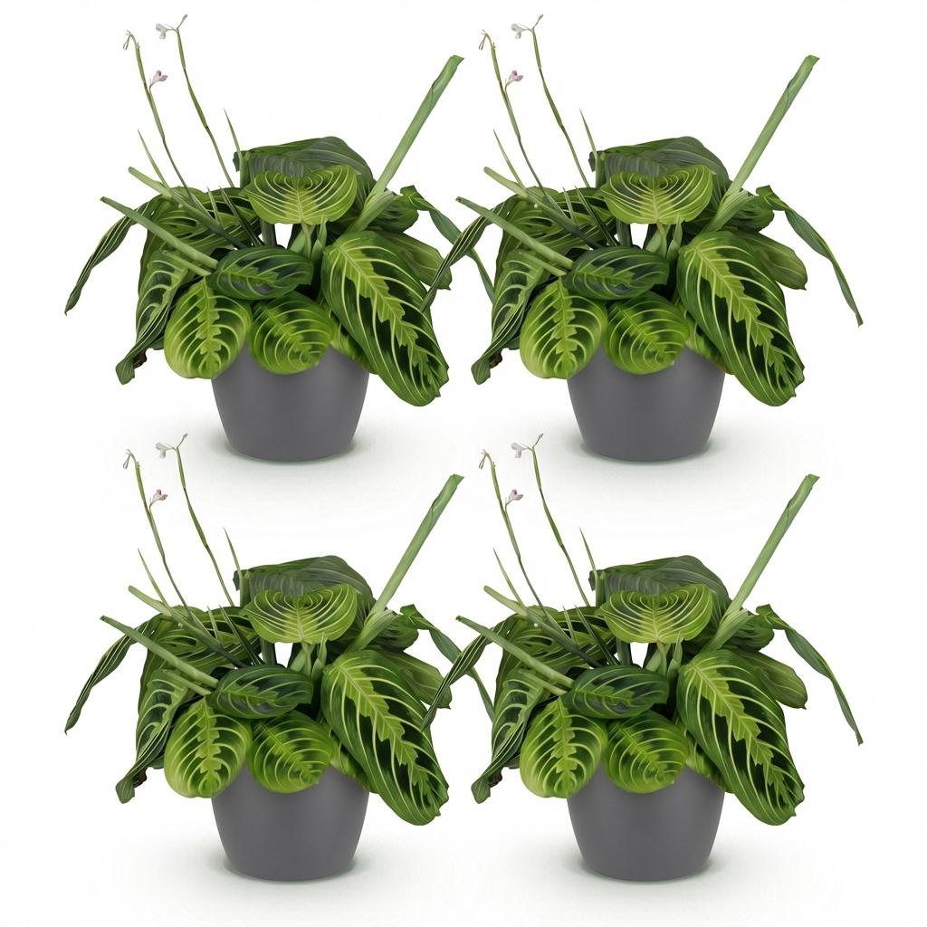 Maranta Fascinator Lemon Lime - Gebedsplant - Huisdiervriendelijke Plant - Groen - 4 Planten - met Potter Grijs - Pot 12cm - Hoogte 25cm