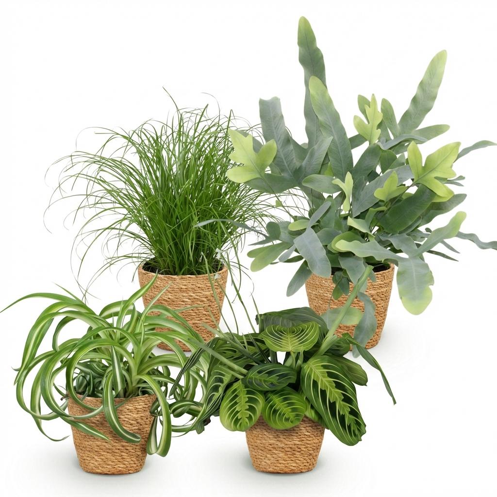 Chlorophytum - Cyperus - Phlebodium - Marantha - Mix van 4 - Huisdiervriendelijke Planten - Groen - 4 Planten - met Mand - Pot 12cm - Hoogte 25cm