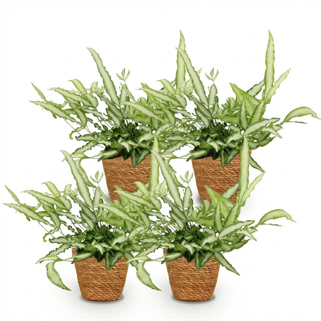 Pteris cretica Albolineata - Lintvaren - Huisdiervriendelijke Plant - Groen - 4 Planten - met Mand - Pot 12cm - Hoogte 20cm
