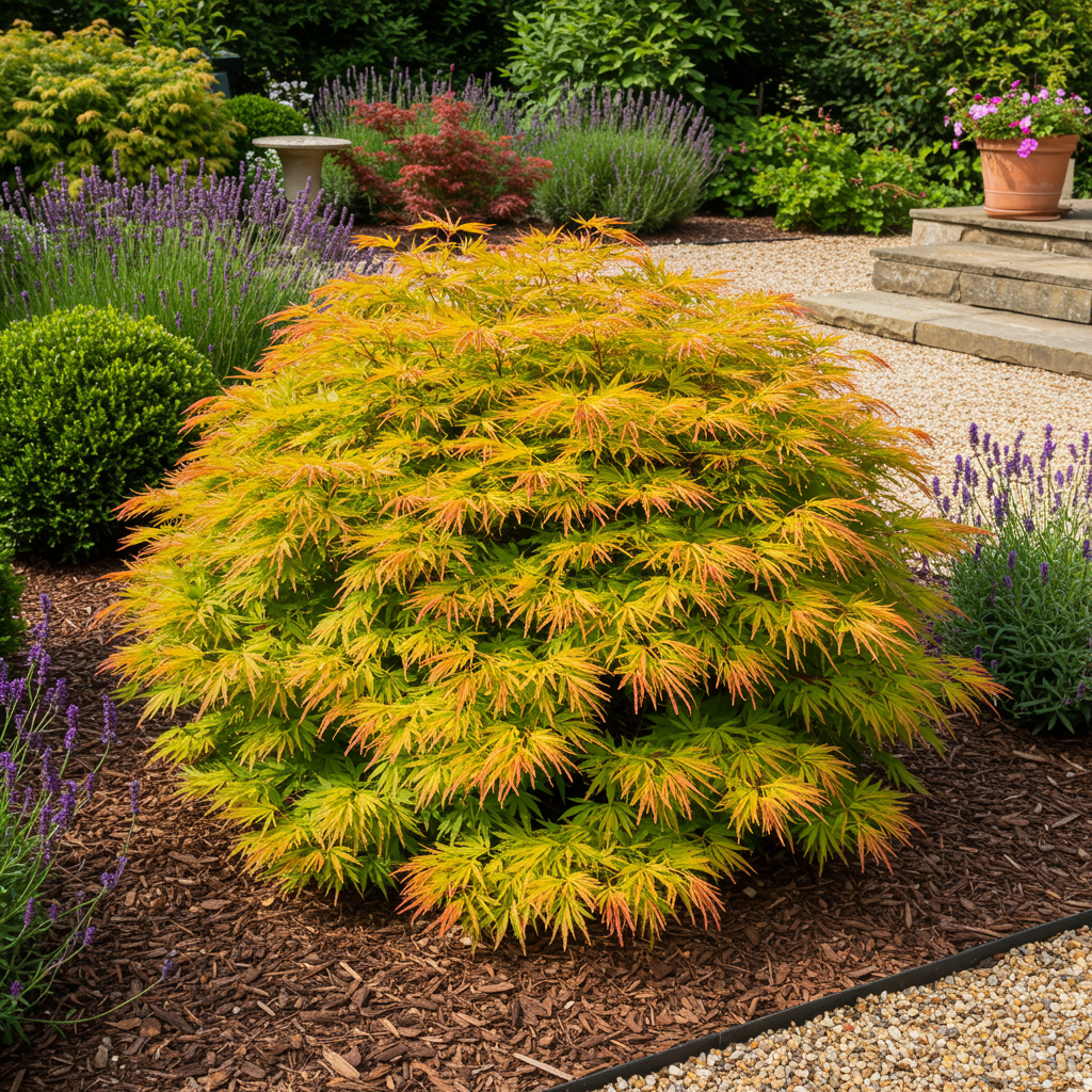 Green boutiQ - Terrasplant - Japanse Esdoorn - Acer palmatum Summergold - Geel - 2 Planten - Bladverliezend - Pot 19cm Hoogte 70cm