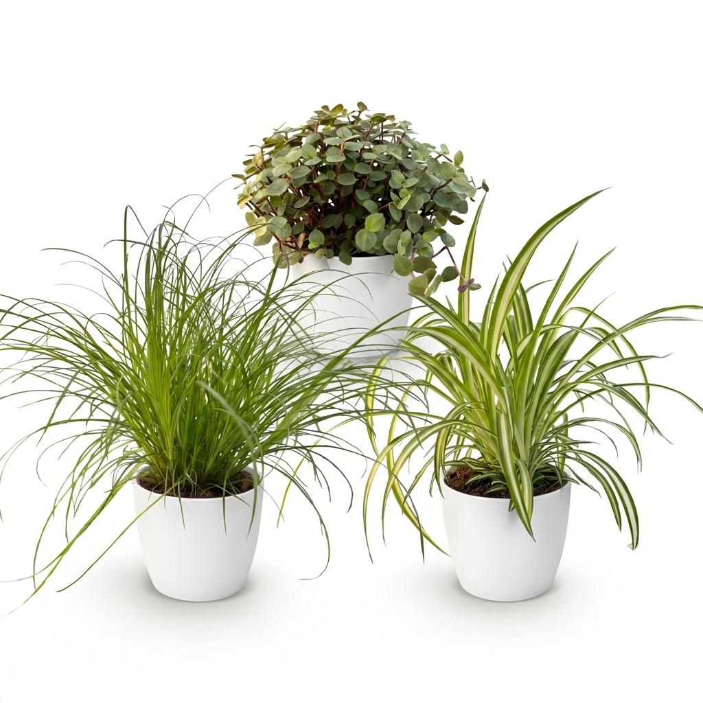 Cyperus - Calissia - Chlorophytum - Mix van 3 - Huisdiervriendelijke Planten - Groen - 3 Planten - met Potter Wit - Pot 12cm - Hoogte 20cm