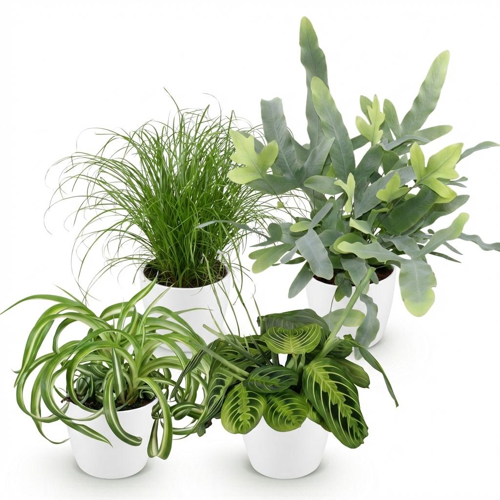 Chlorophytum - Cyperus - Phlebodium - Marantha - Mix van 4 - Huisdiervriendelijke Planten - Groen - 4 Planten - met Potter Wit - Pot 12cm - Hoogte 25cm