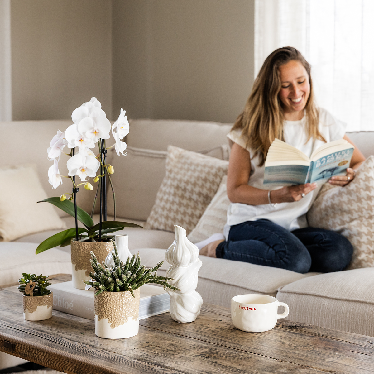 Plantenset Bloom Sand | Witte Niagara Falls orchidee 12cm + groene planten incl. Bloom Sand sierpotten