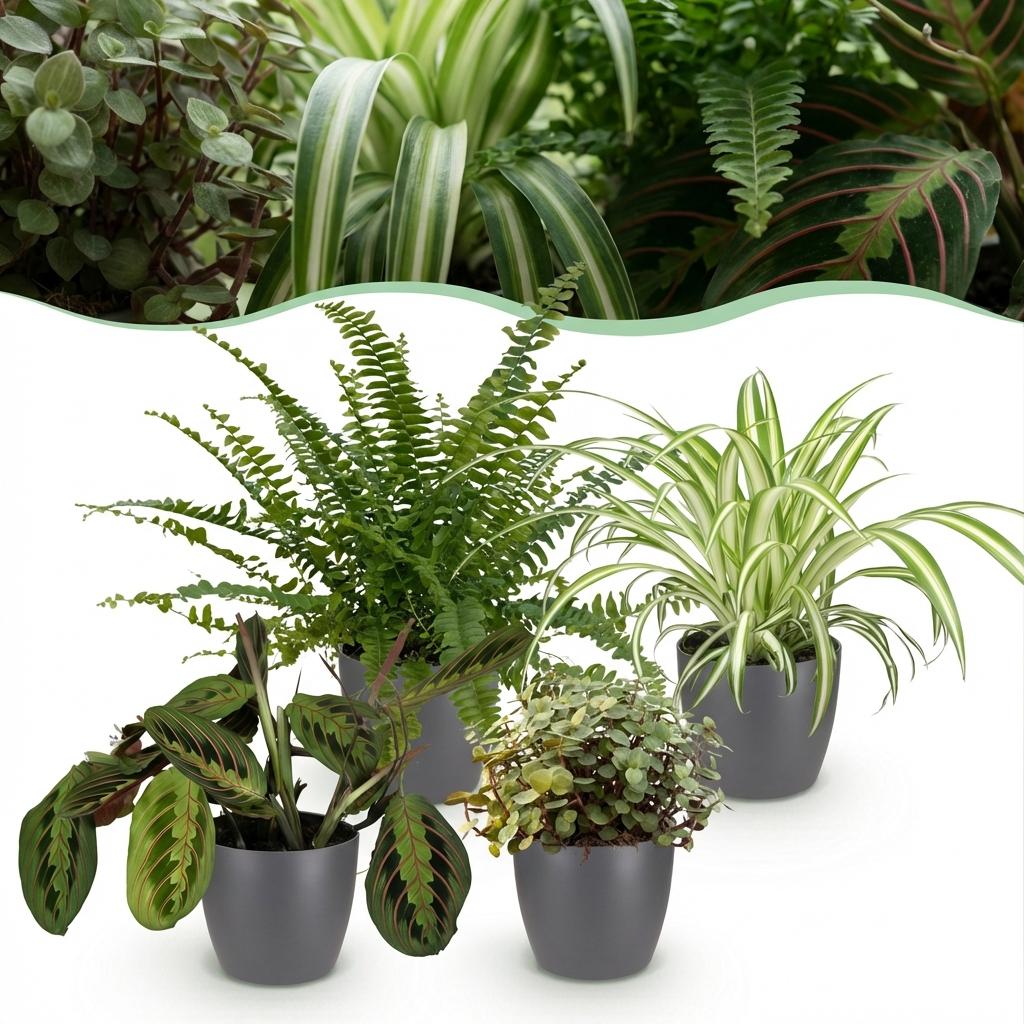 Chlorophytum - Maranta - Calissia - Nephrolepsis - Mix van 4 - Huisdiervriendelijke Planten - Groen - 4 Planten - met Potter Grijs - Pot 12cm - Hoogte 25cm