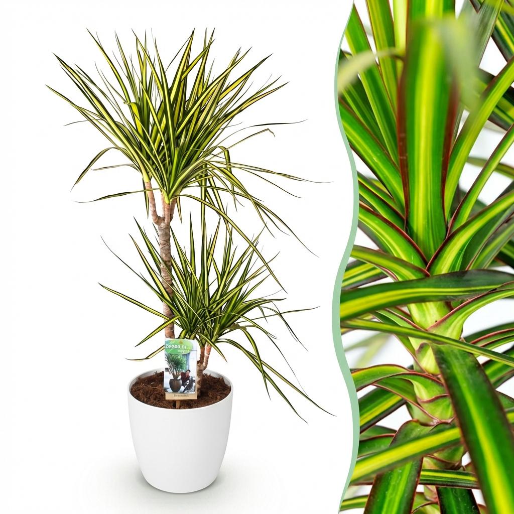 Dracaena Sunray - Drakenbloedboom - Weinig onderhoud - Groen - 1 Plant - met Potter Wit - Pot 21cm - Hoogte 90-100cm