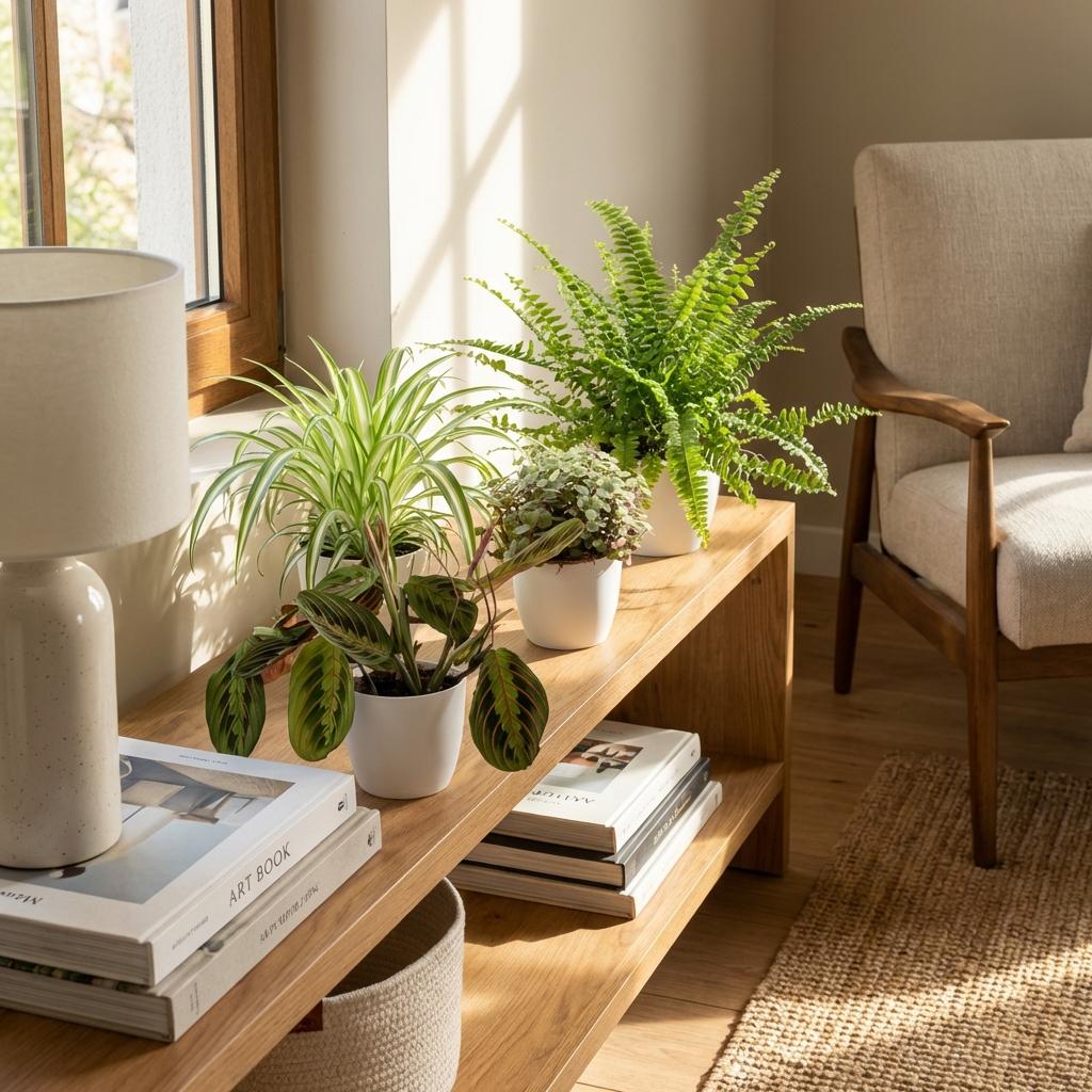 Chlorophytum - Maranta - Calissia - Nephrolepsis - Mix van 4 - Huisdiervriendelijke Planten - Groen - 4 Planten - met Potter Wit - Pot 12cm - Hoogte 25cm